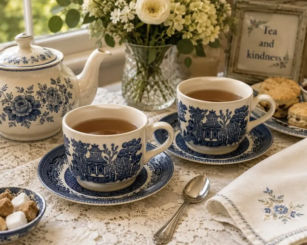 Churchill Blue White Willow Cup Saucer Set of 2 England
